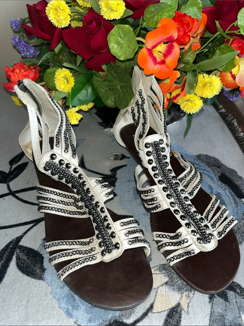 Steve Madden Cream & Silver Zipper Metal Strappy Ankle Wedge Sandals